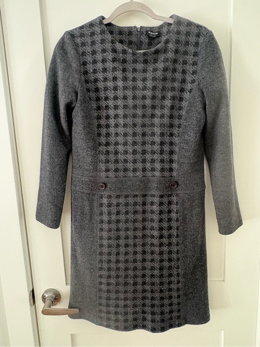 Worth New York Wool Blend Gray Long Sleeve Dress check pattern Size 6 made in US